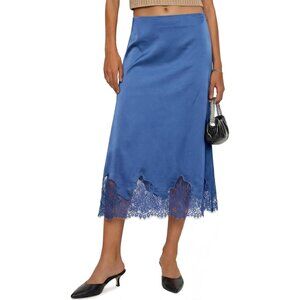 Women's Blue Silk Satin Lace Hem High Waisted A-Line Cocktail Outfit Midi Skirt